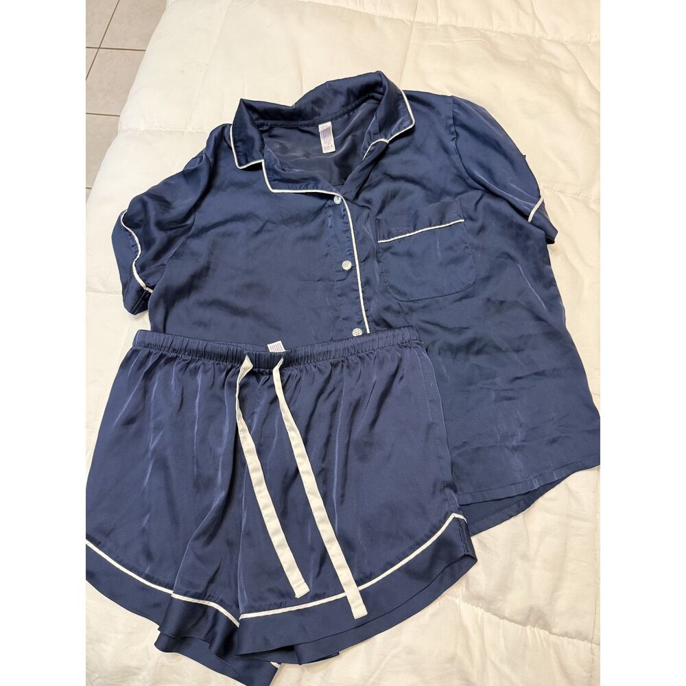 Stars Above Navy Satin Pajama Set Size M